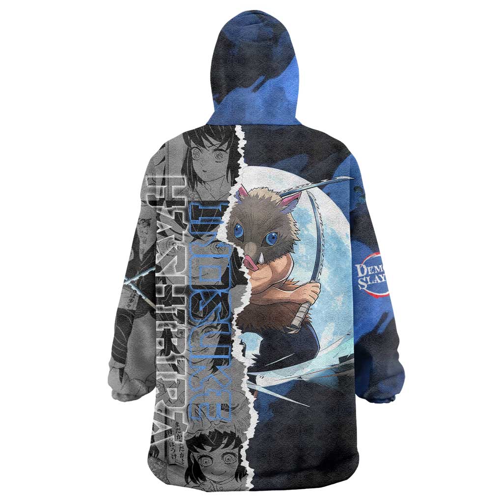 Inosuke Demon Slayer Blue and Black Theme Wearable Blanket Hoodie with Boar Mask and Manga Collage Action Design - The Mazicc