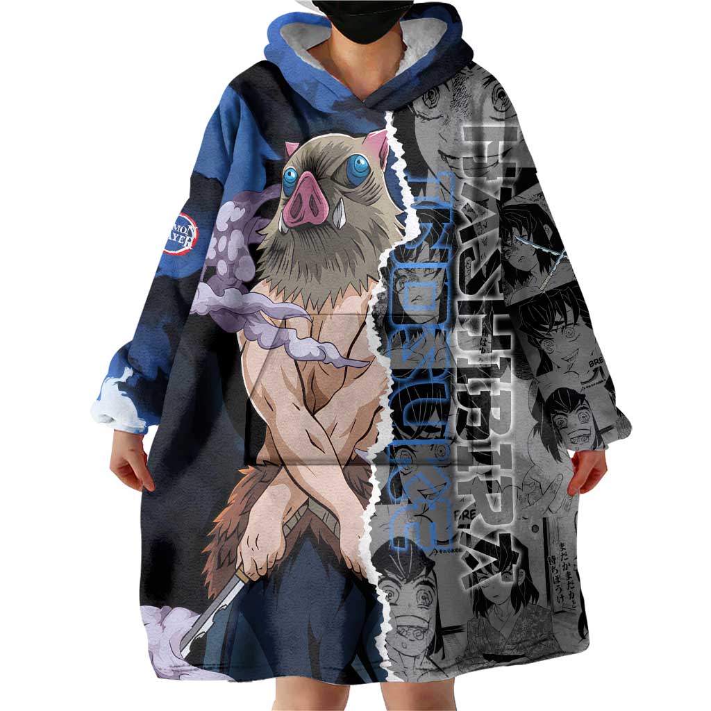 Inosuke Demon Slayer Blue and Black Theme Wearable Blanket Hoodie with Boar Mask and Manga Collage Action Design - The Mazicc