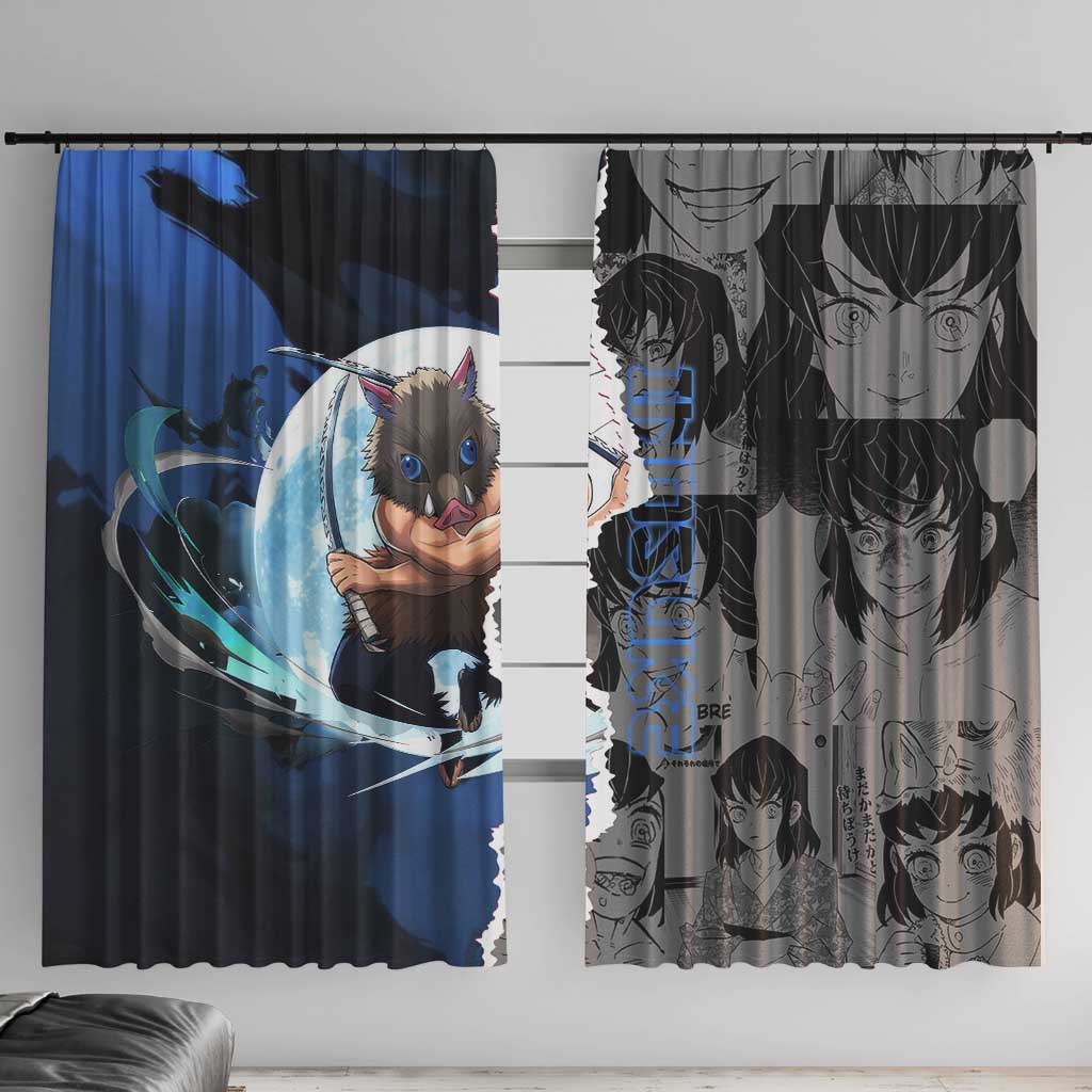 Inosuke Demon Slayer Blue and Black Theme Window Curtain with Boar Mask and Manga Collage Action Design - The Mazicc