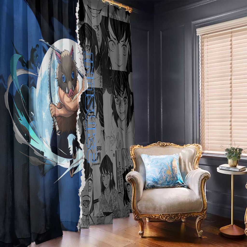 Inosuke Demon Slayer Blue and Black Theme Window Curtain with Boar Mask and Manga Collage Action Design - The Mazicc