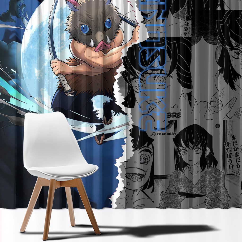 Inosuke Demon Slayer Blue and Black Theme Window Curtain with Boar Mask and Manga Collage Action Design - The Mazicc