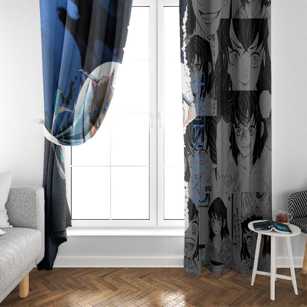 Inosuke Demon Slayer Blue and Black Theme Window Curtain with Boar Mask and Manga Collage Action Design - The Mazicc