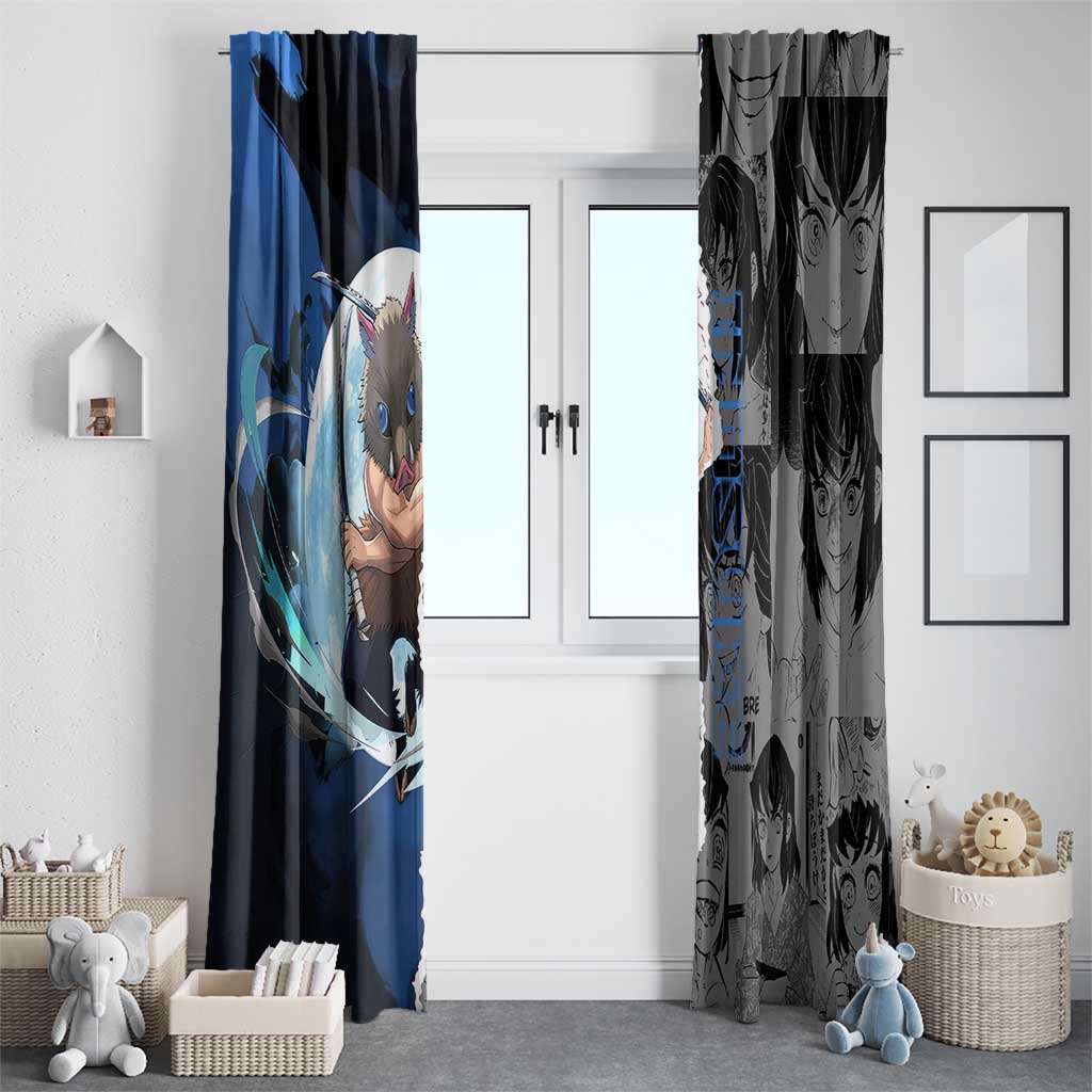 Inosuke Demon Slayer Blue and Black Theme Window Curtain with Boar Mask and Manga Collage Action Design - The Mazicc