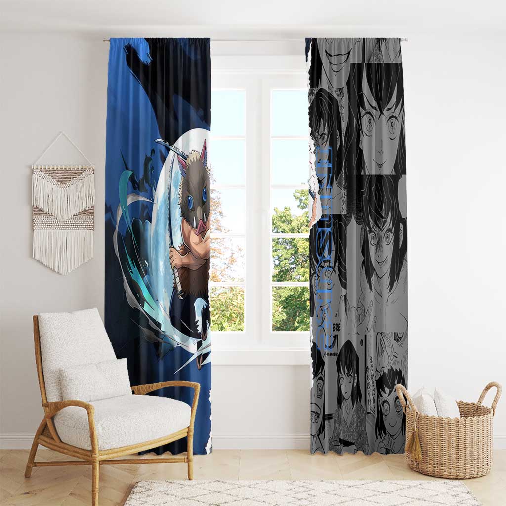 Inosuke Demon Slayer Blue and Black Theme Window Curtain with Boar Mask and Manga Collage Action Design - The Mazicc