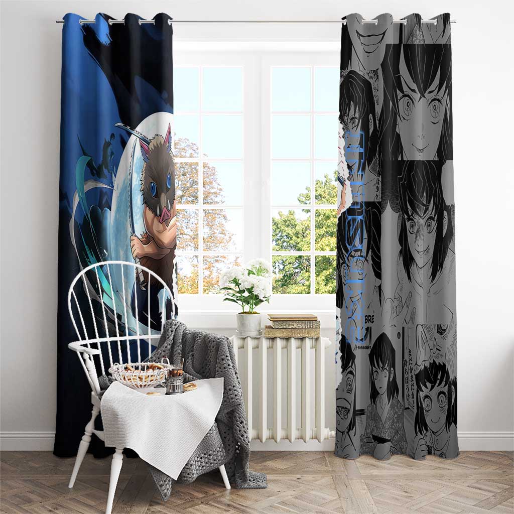 Inosuke Demon Slayer Blue and Black Theme Window Curtain with Boar Mask and Manga Collage Action Design - The Mazicc