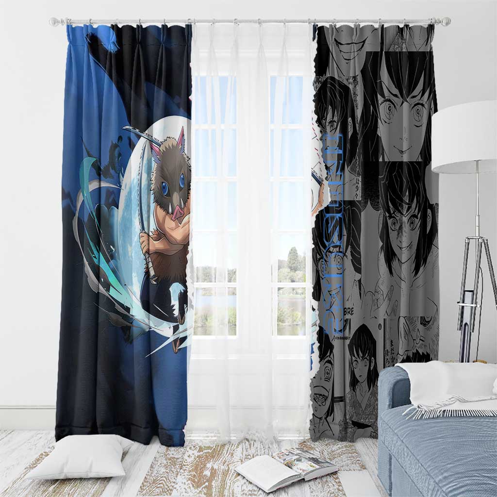 Inosuke Demon Slayer Blue and Black Theme Window Curtain with Boar Mask and Manga Collage Action Design - The Mazicc