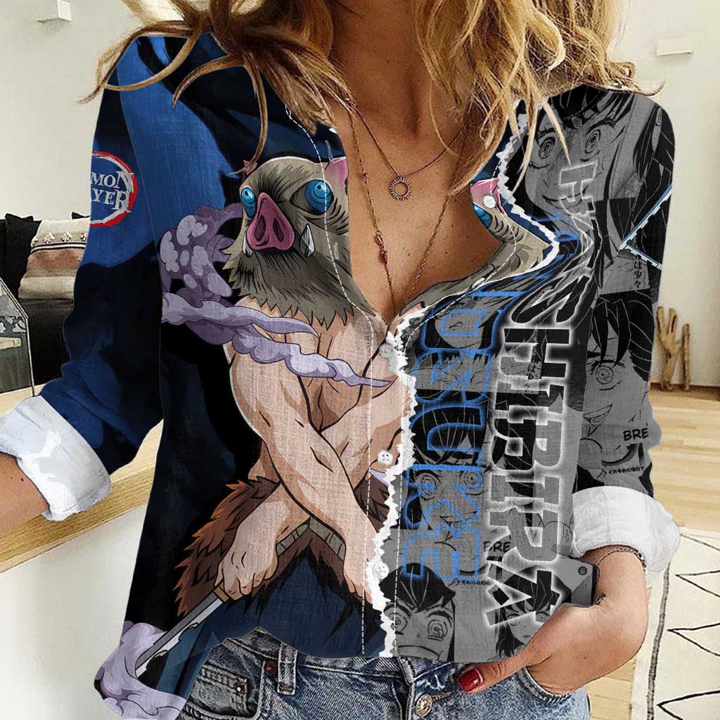 Inosuke Demon Slayer Blue and Black Theme Women Casual Shirt with Boar Mask and Manga Collage Action Design - The Mazicc