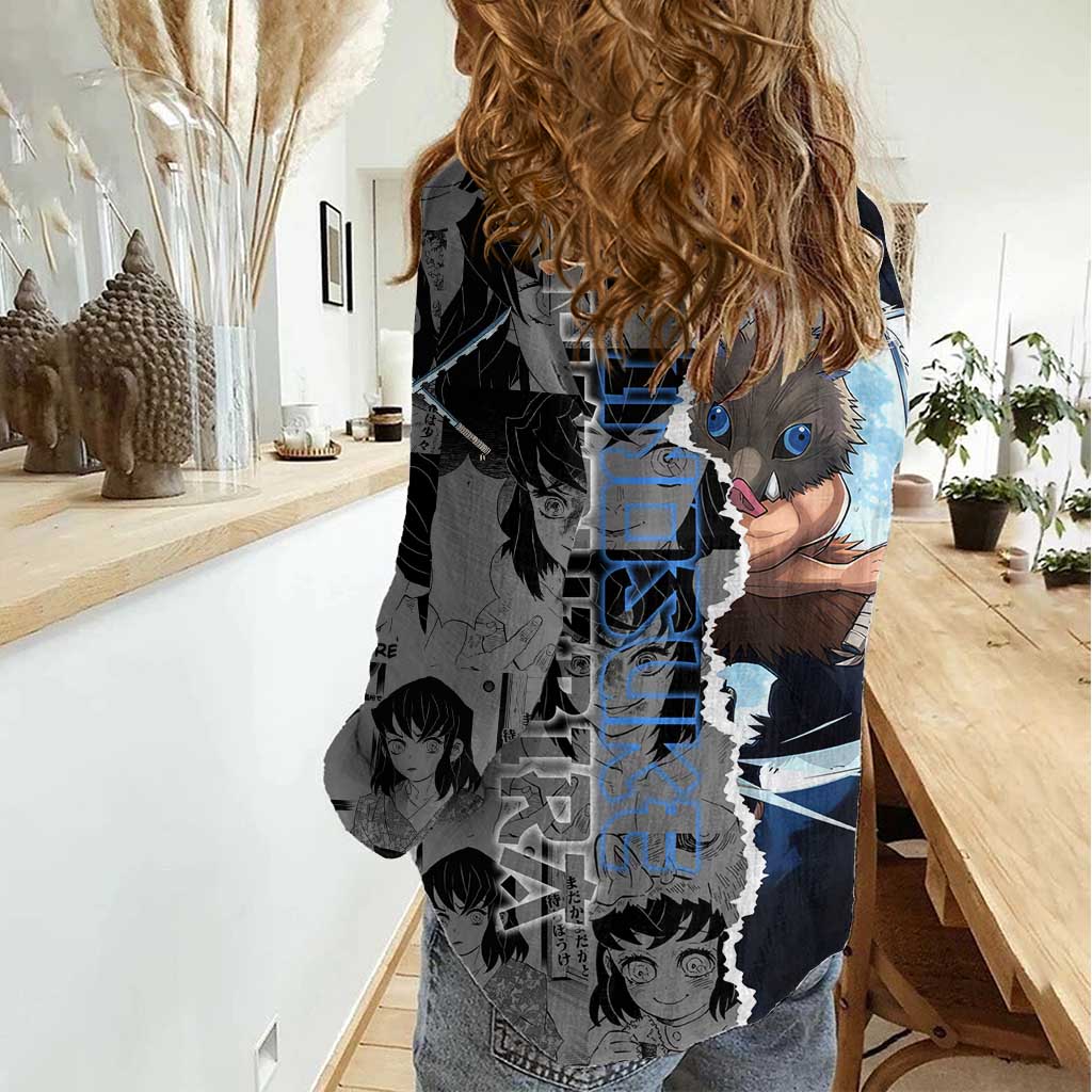 Inosuke Demon Slayer Blue and Black Theme Women Casual Shirt with Boar Mask and Manga Collage Action Design - The Mazicc
