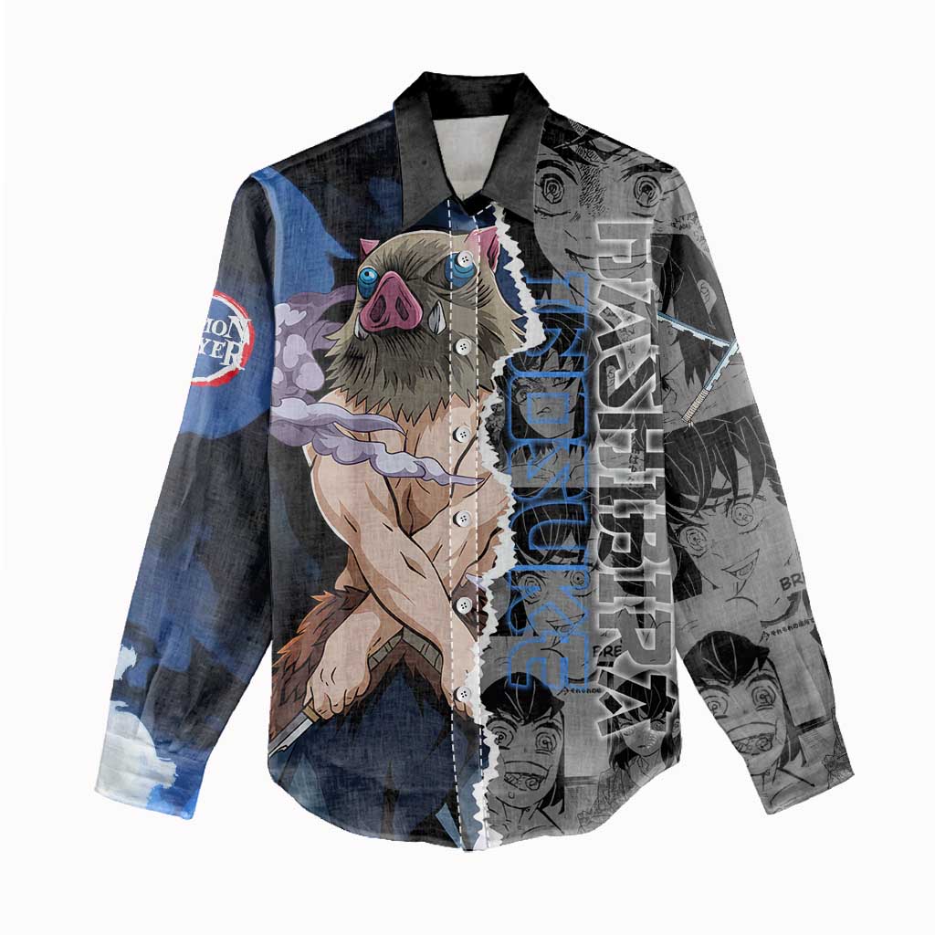 Inosuke Demon Slayer Blue and Black Theme Women Casual Shirt with Boar Mask and Manga Collage Action Design - The Mazicc