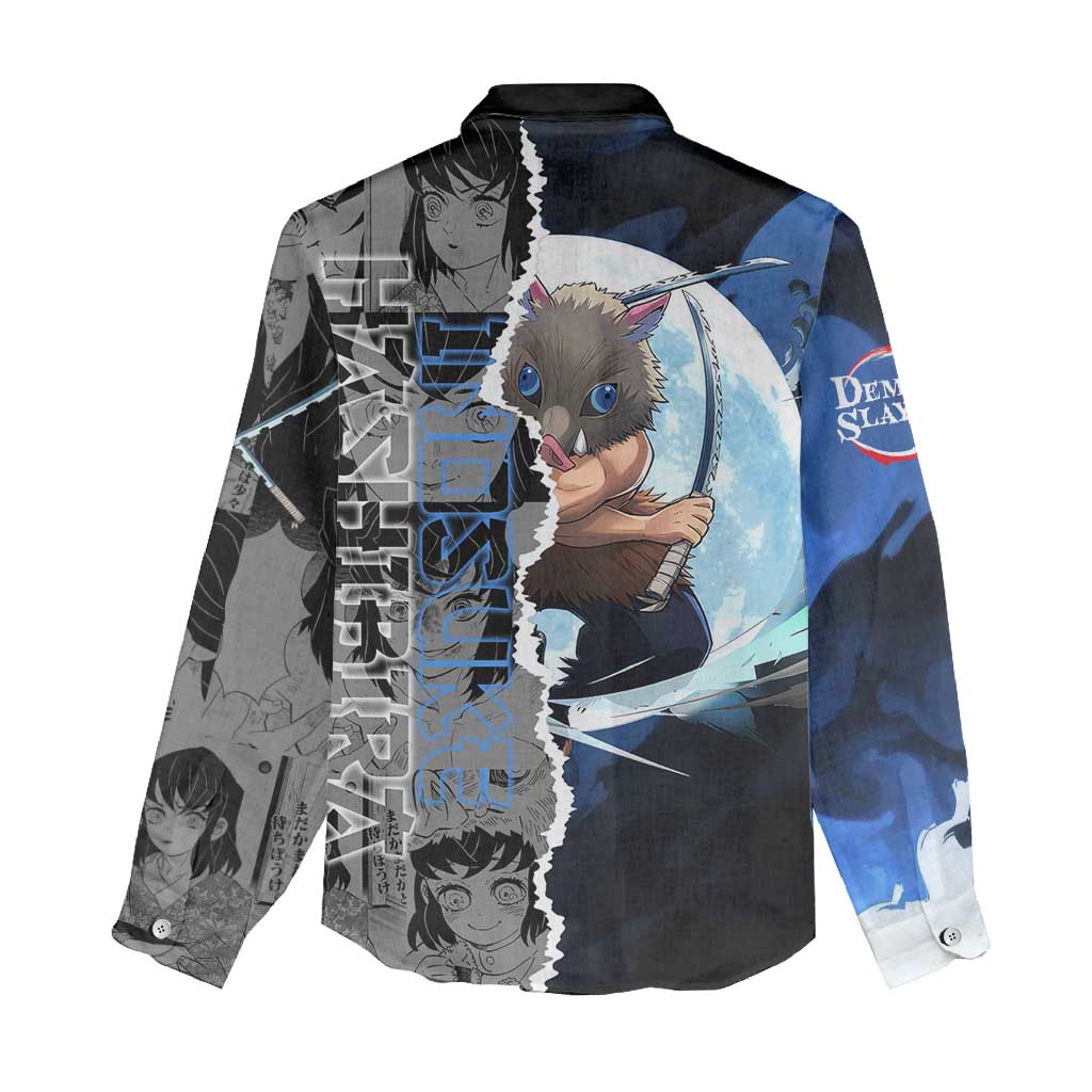 Inosuke Demon Slayer Blue and Black Theme Women Casual Shirt with Boar Mask and Manga Collage Action Design - The Mazicc