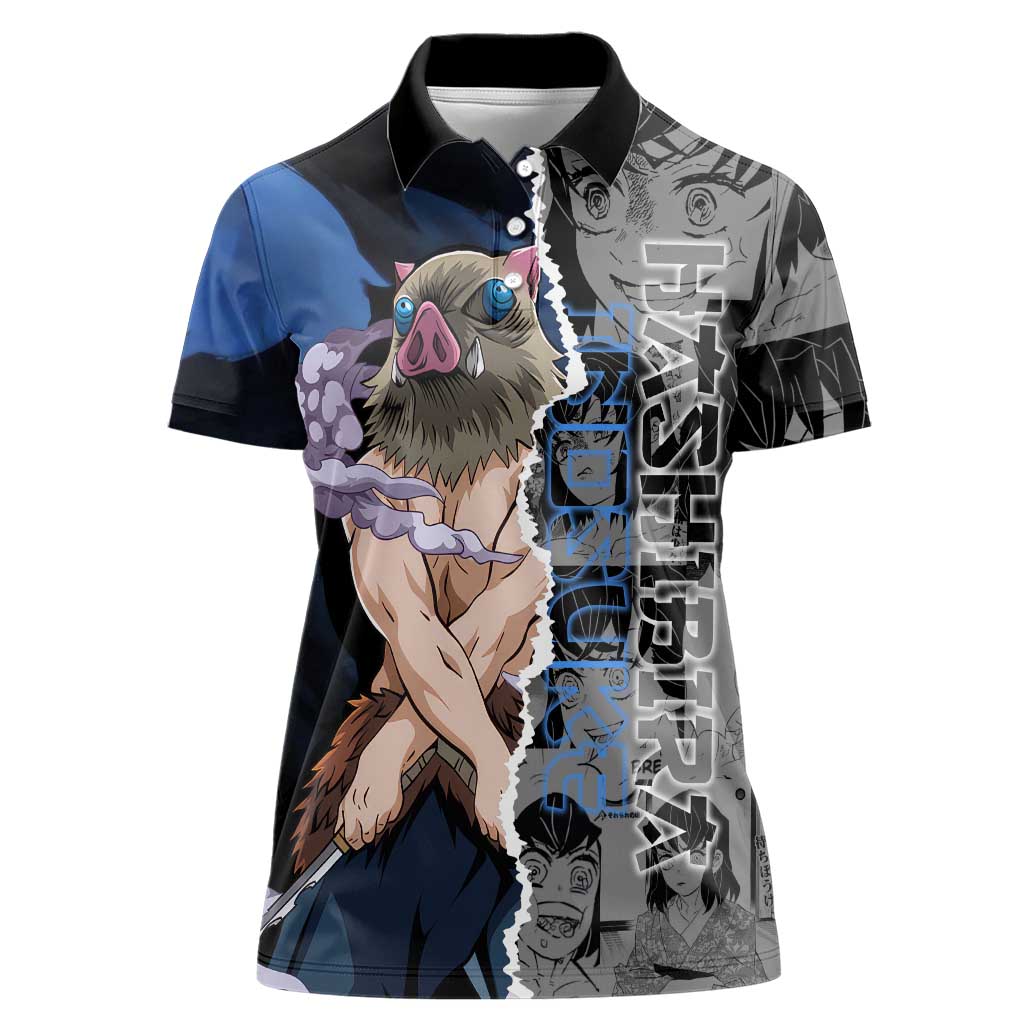 Inosuke Demon Slayer Blue and Black Theme Women Polo Shirt with Boar Mask and Manga Collage Action Design - The Mazicc
