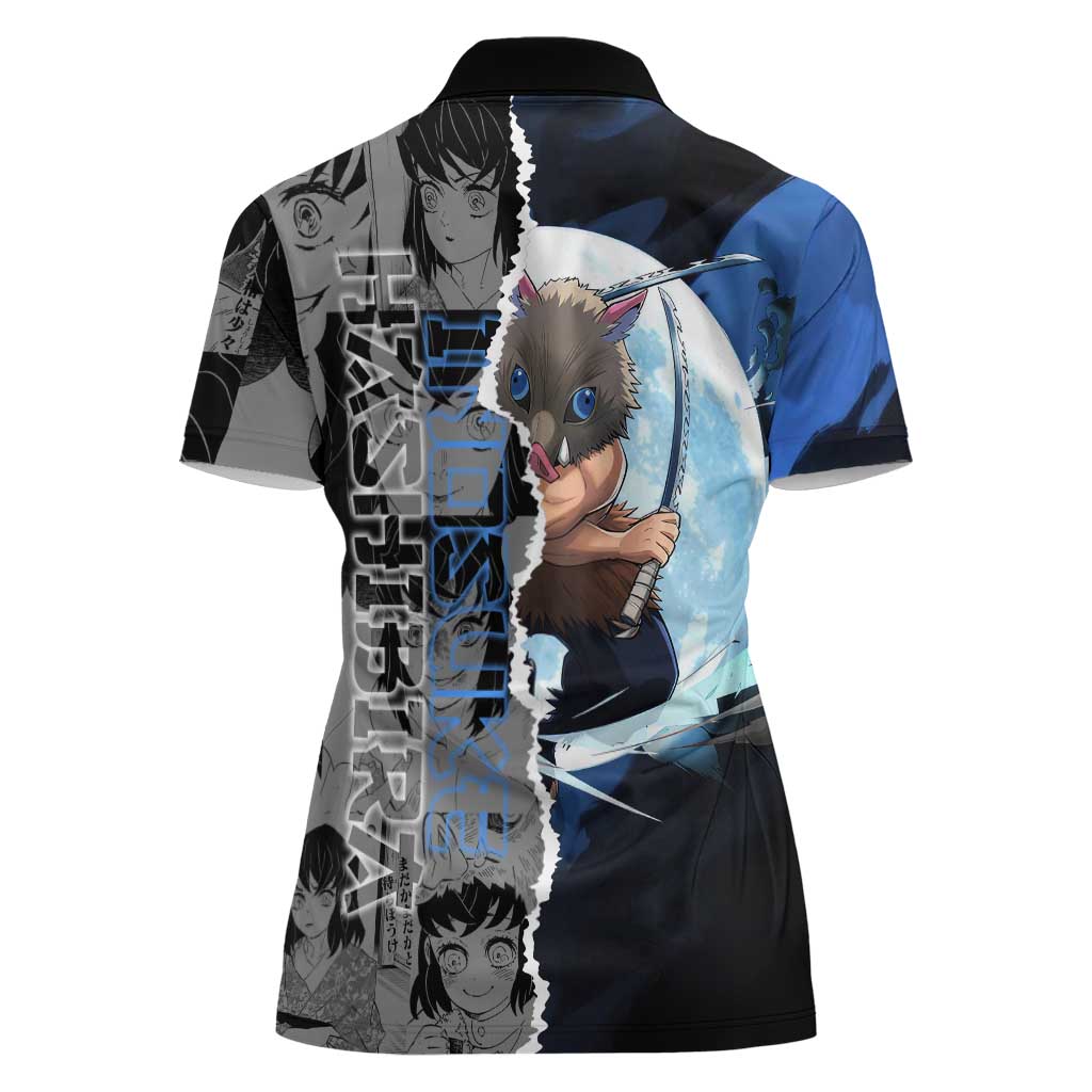 Inosuke Demon Slayer Blue and Black Theme Women Polo Shirt with Boar Mask and Manga Collage Action Design - The Mazicc