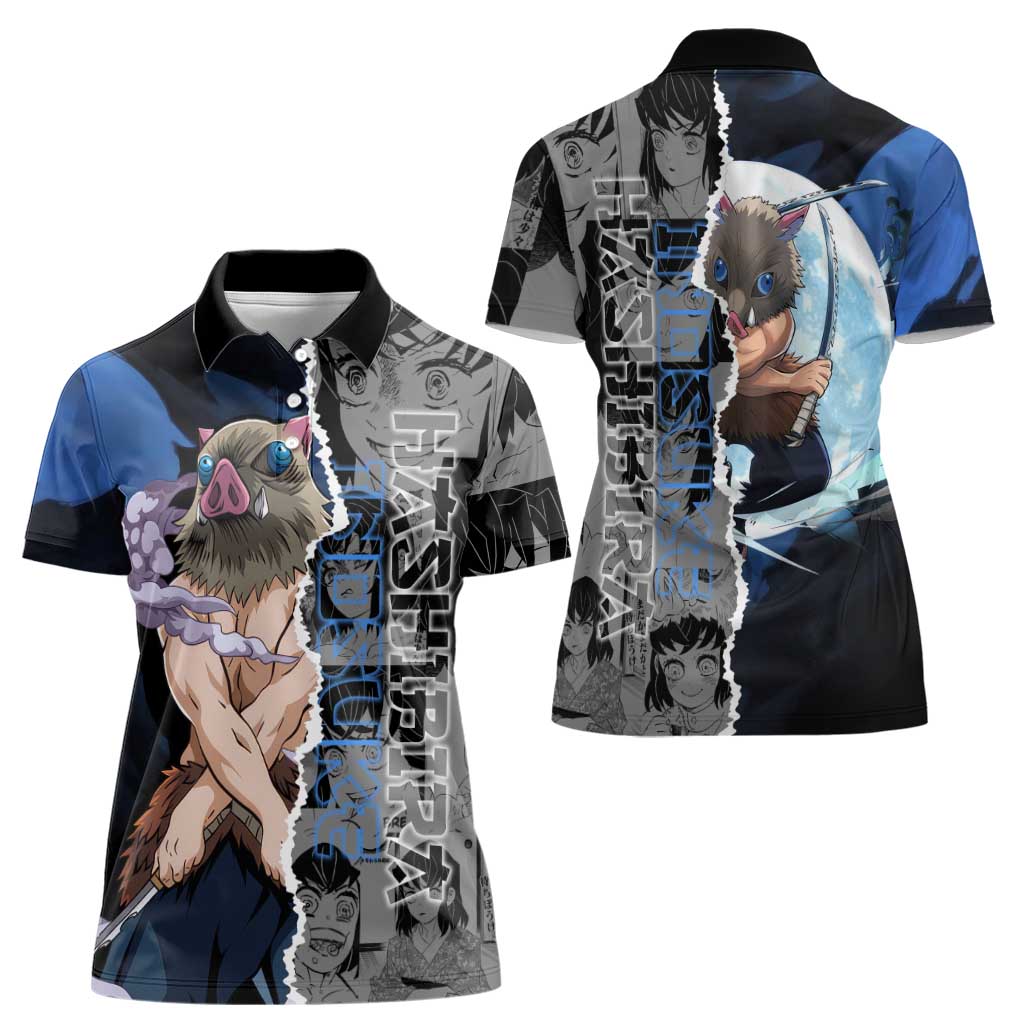 Inosuke Demon Slayer Blue and Black Theme Women Polo Shirt with Boar Mask and Manga Collage Action Design - The Mazicc