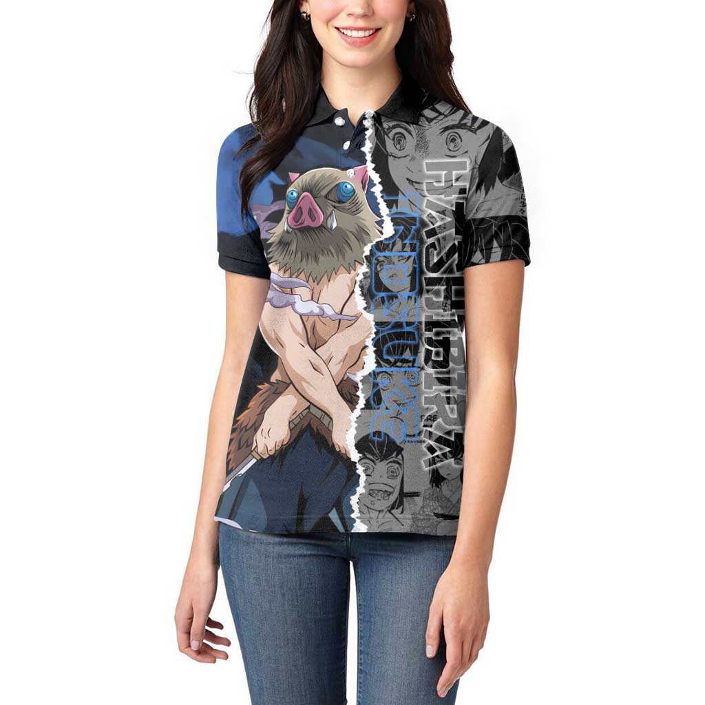 Inosuke Demon Slayer Blue and Black Theme Women Polo Shirt with Boar Mask and Manga Collage Action Design - The Mazicc