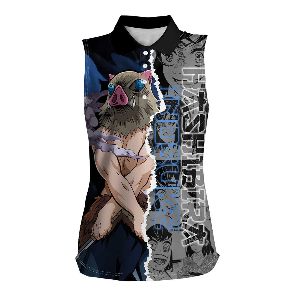 Inosuke Demon Slayer Blue and Black Theme Women Sleeveless Polo Shirt with Boar Mask and Manga Collage Action Design - The Mazicc