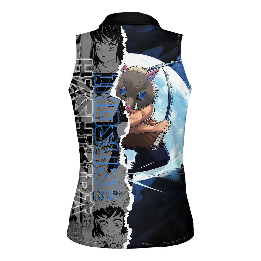 Inosuke Demon Slayer Blue and Black Theme Women Sleeveless Polo Shirt with Boar Mask and Manga Collage Action Design - The Mazicc