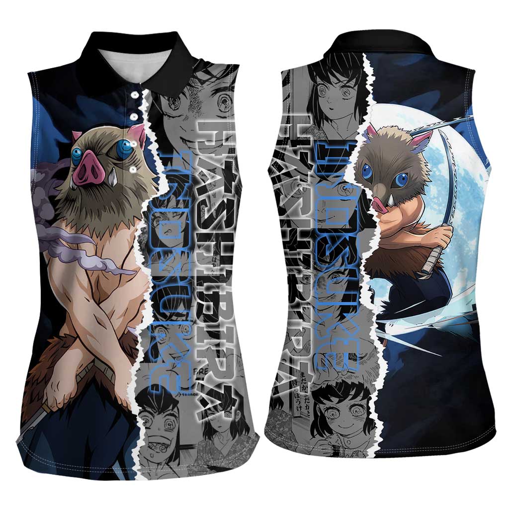 Inosuke Demon Slayer Blue and Black Theme Women Sleeveless Polo Shirt with Boar Mask and Manga Collage Action Design - The Mazicc