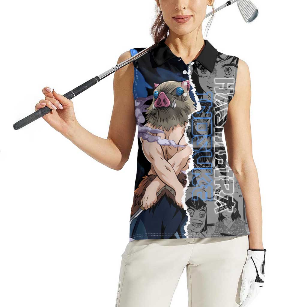 Inosuke Demon Slayer Blue and Black Theme Women Sleeveless Polo Shirt with Boar Mask and Manga Collage Action Design - The Mazicc