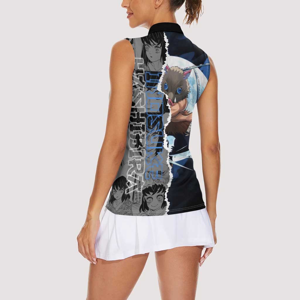 Inosuke Demon Slayer Blue and Black Theme Women Sleeveless Polo Shirt with Boar Mask and Manga Collage Action Design - The Mazicc