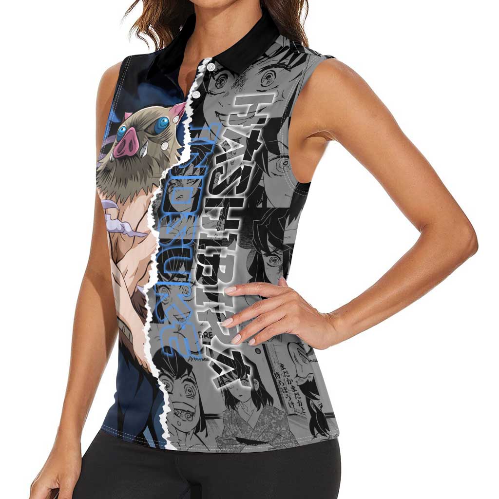 Inosuke Demon Slayer Blue and Black Theme Women Sleeveless Polo Shirt with Boar Mask and Manga Collage Action Design - The Mazicc
