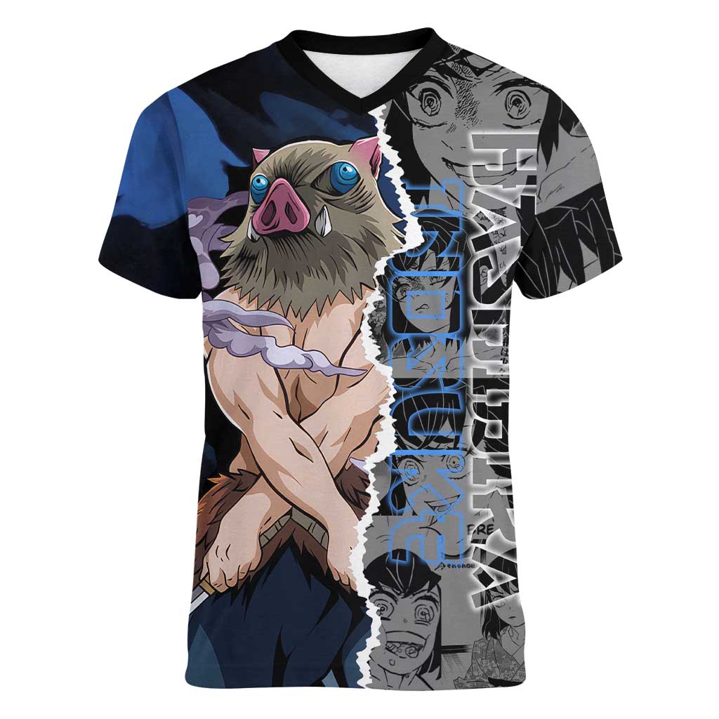 Inosuke Demon Slayer Blue and Black Theme Women V-Neck T-Shirt with Boar Mask and Manga Collage Action Design - The Mazicc