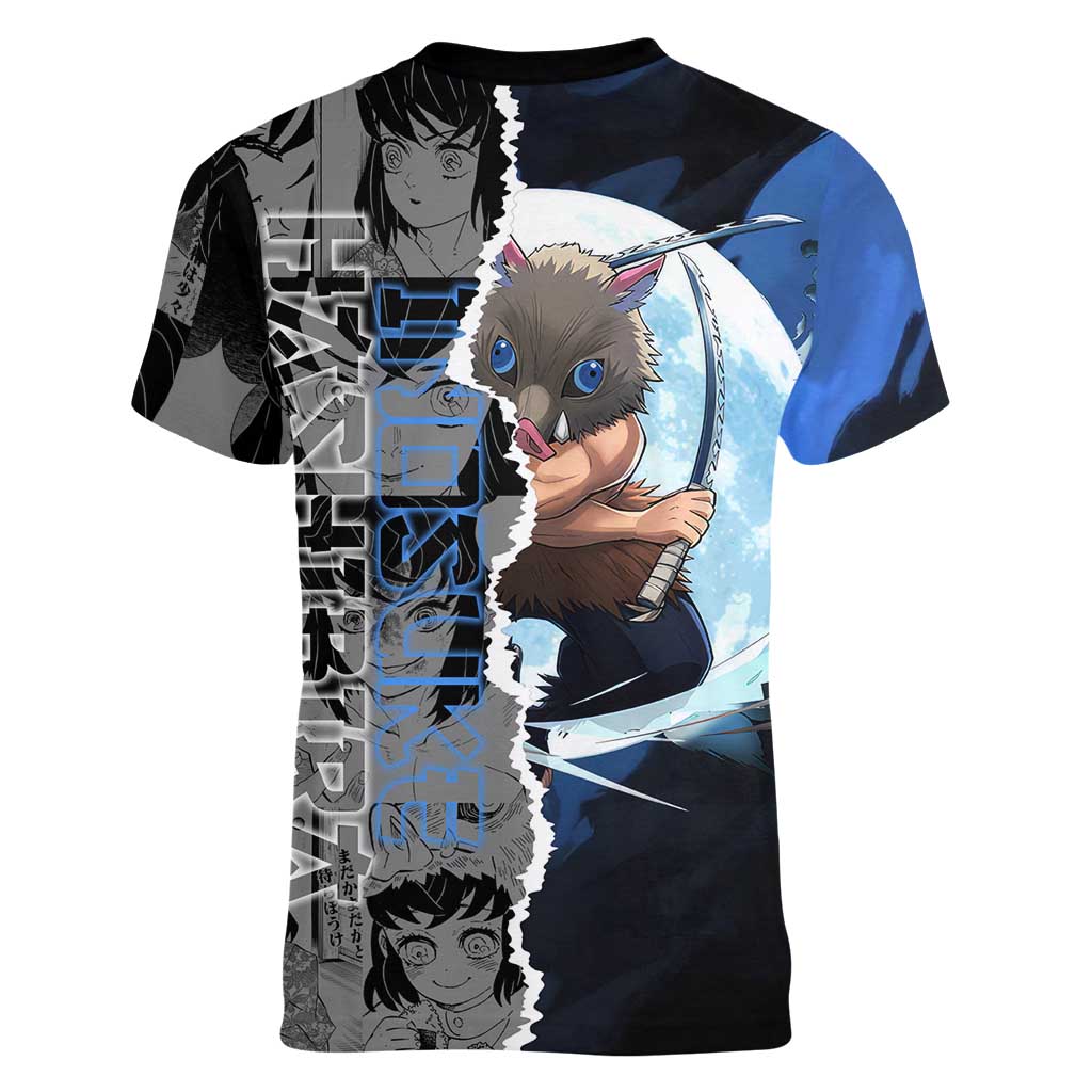 Inosuke Demon Slayer Blue and Black Theme Women V-Neck T-Shirt with Boar Mask and Manga Collage Action Design - The Mazicc