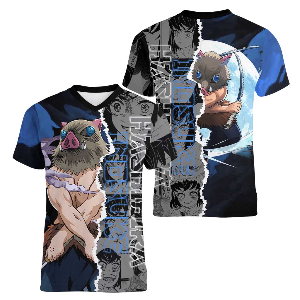 Inosuke Demon Slayer Blue and Black Theme Women V-Neck T-Shirt with Boar Mask and Manga Collage Action Design - The Mazicc