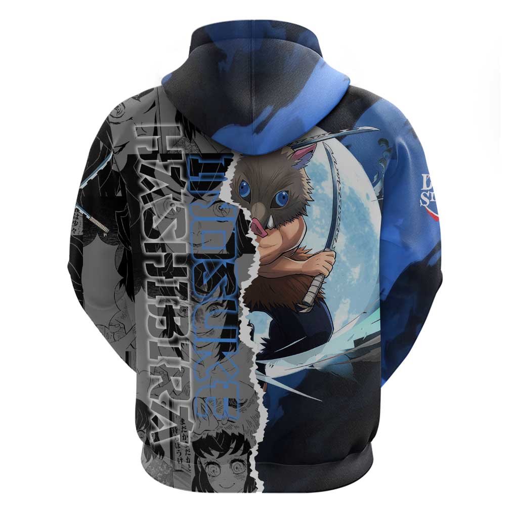 Inosuke Demon Slayer Blue and Black Theme Zip Hoodie with Boar Mask and Manga Collage Action Design - The Mazicc