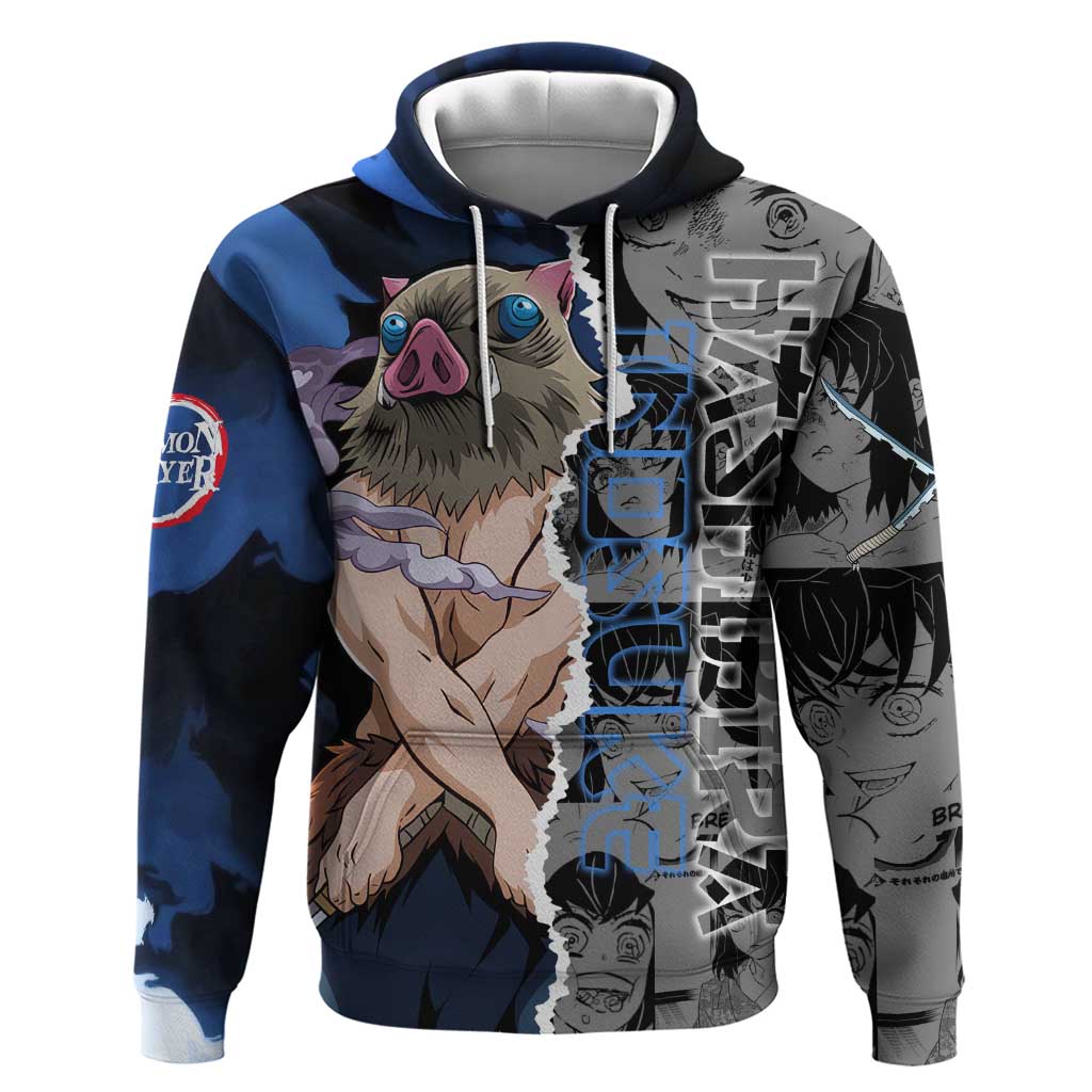 Inosuke Demon Slayer Blue and Black Theme Zip Hoodie with Boar Mask and Manga Collage Action Design - The Mazicc