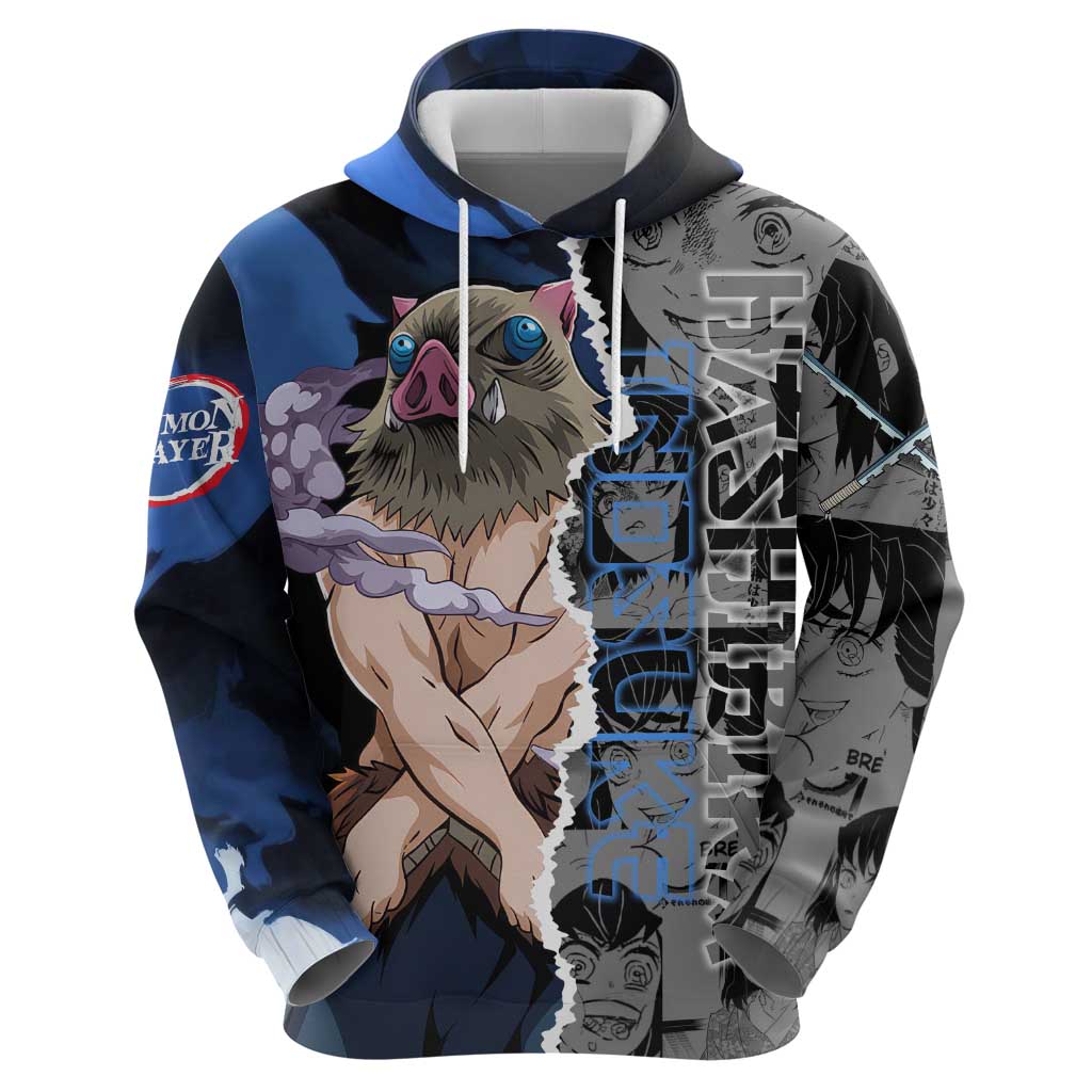 Inosuke Demon Slayer Blue and Black Theme Zip Hoodie with Boar Mask and Manga Collage Action Design - The Mazicc