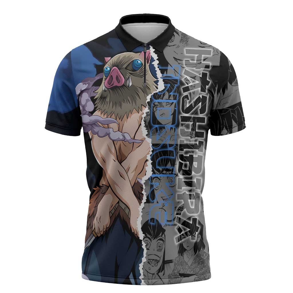 Inosuke Demon Slayer Blue and Black Theme Zipper Polo Shirt with Boar Mask and Manga Collage Action Design - The Mazicc