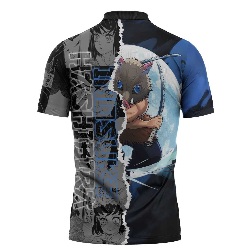Inosuke Demon Slayer Blue and Black Theme Zipper Polo Shirt with Boar Mask and Manga Collage Action Design - The Mazicc