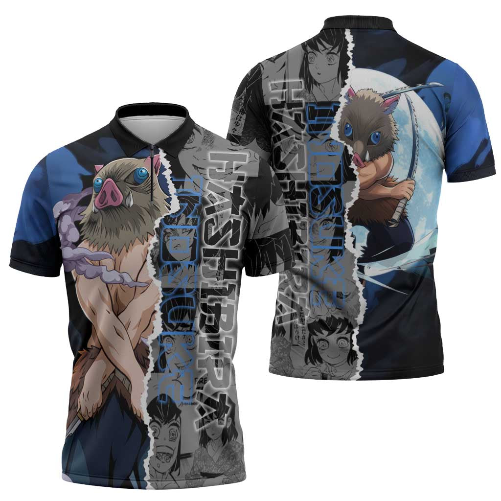 Inosuke Demon Slayer Blue and Black Theme Zipper Polo Shirt with Boar Mask and Manga Collage Action Design - The Mazicc