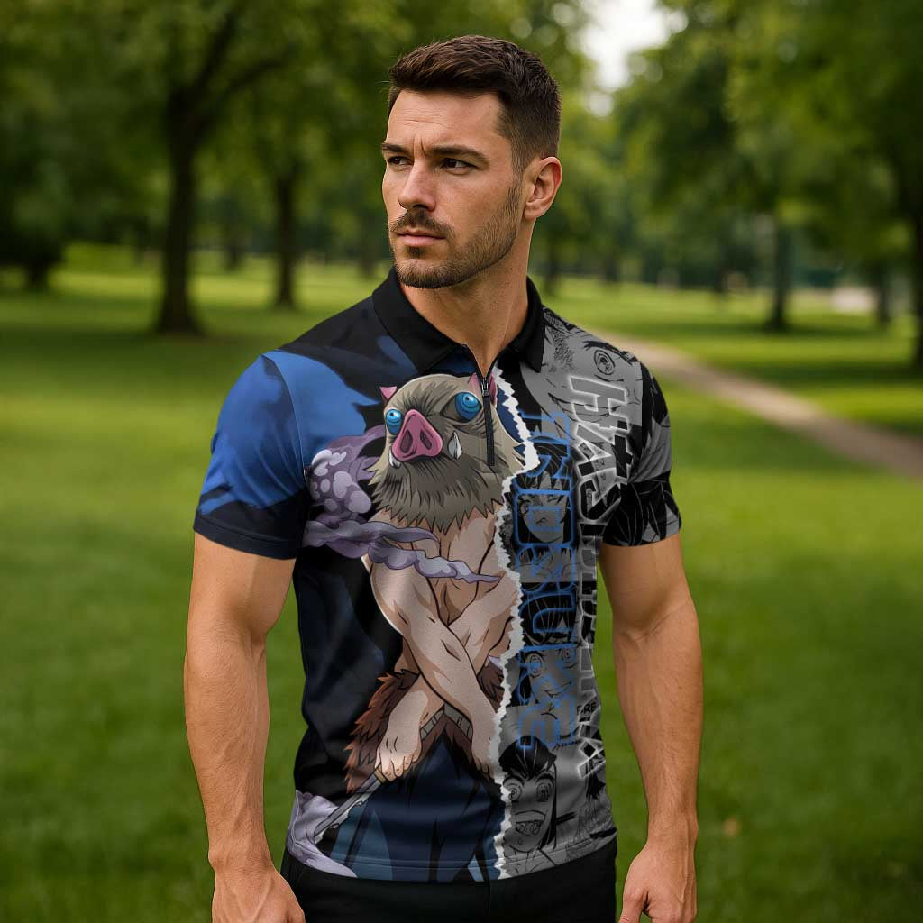 Inosuke Demon Slayer Blue and Black Theme Zipper Polo Shirt with Boar Mask and Manga Collage Action Design - The Mazicc