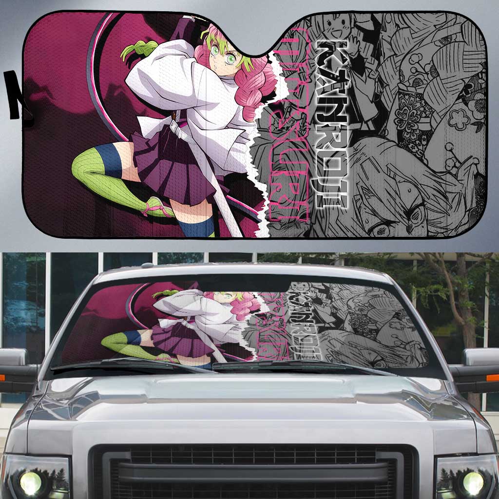 Mitsuri Kanroji Demon Slayer Pink and Black Design Auto Sun Shade with Manga Panels and Love Hashira Theme - The Mazicc