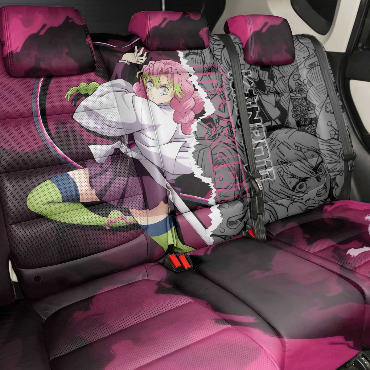 Mitsuri Kanroji Demon Slayer Pink and Black Design Back Car Seat Cover with Manga Panels and Love Hashira Theme - The Mazicc