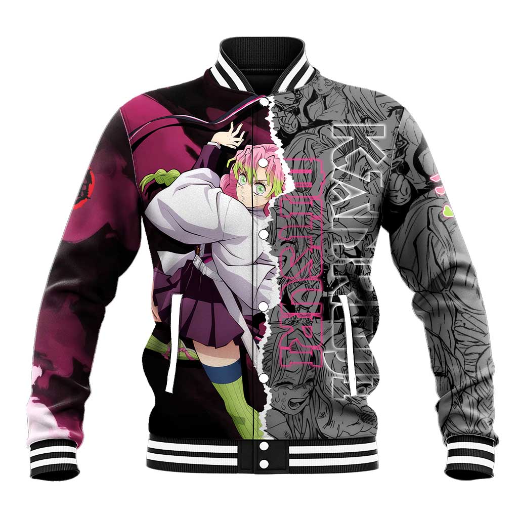 Mitsuri Kanroji Demon Slayer Pink and Black Design Baseball Jacket with Manga Panels and Love Hashira Theme - The Mazicc