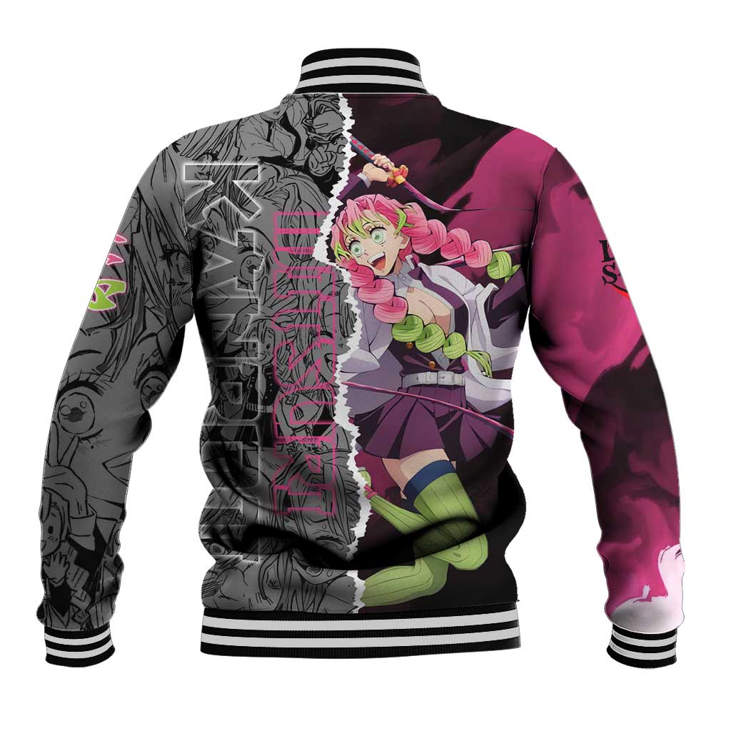 Mitsuri Kanroji Demon Slayer Pink and Black Design Baseball Jacket with Manga Panels and Love Hashira Theme - The Mazicc