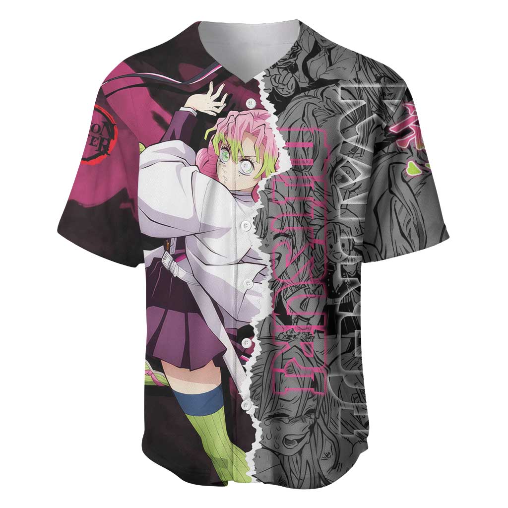 Mitsuri Kanroji Demon Slayer Pink and Black Design Baseball Jersey with Manga Panels and Love Hashira Theme - The Mazicc