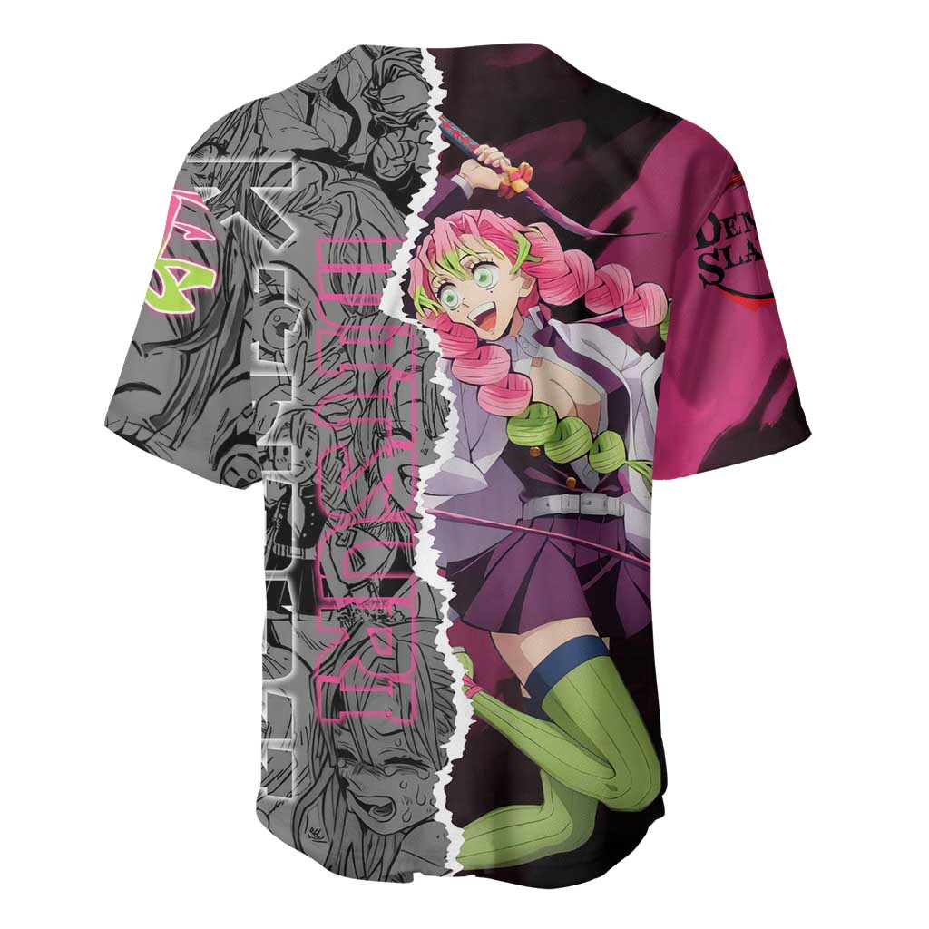 Mitsuri Kanroji Demon Slayer Pink and Black Design Baseball Jersey with Manga Panels and Love Hashira Theme - The Mazicc