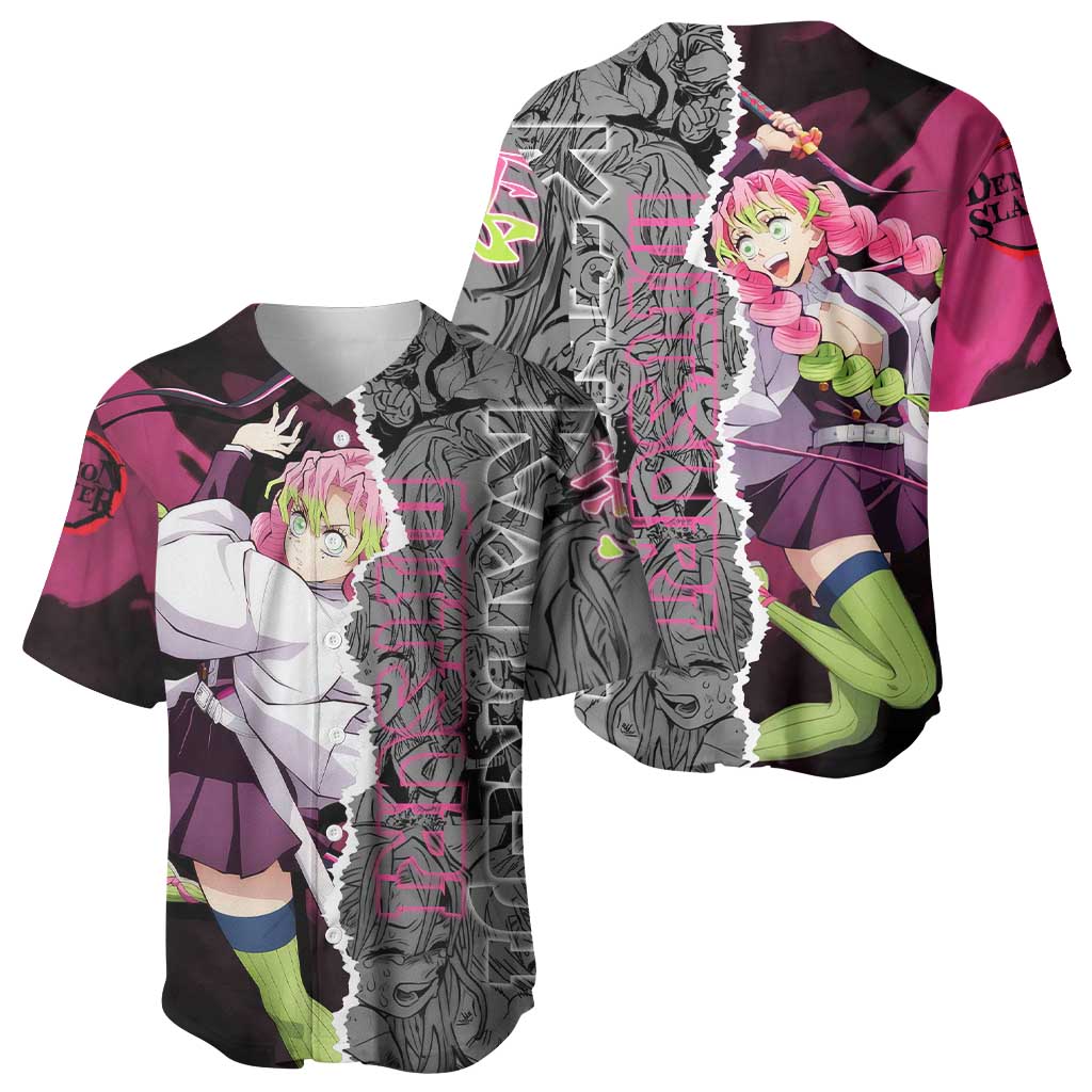 Mitsuri Kanroji Demon Slayer Pink and Black Design Baseball Jersey with Manga Panels and Love Hashira Theme - The Mazicc