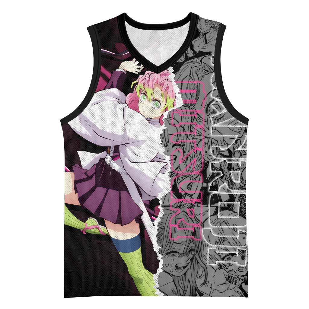 Mitsuri Kanroji Demon Slayer Pink and Black Design Basketball Jersey with Manga Panels and Love Hashira Theme - The Mazicc