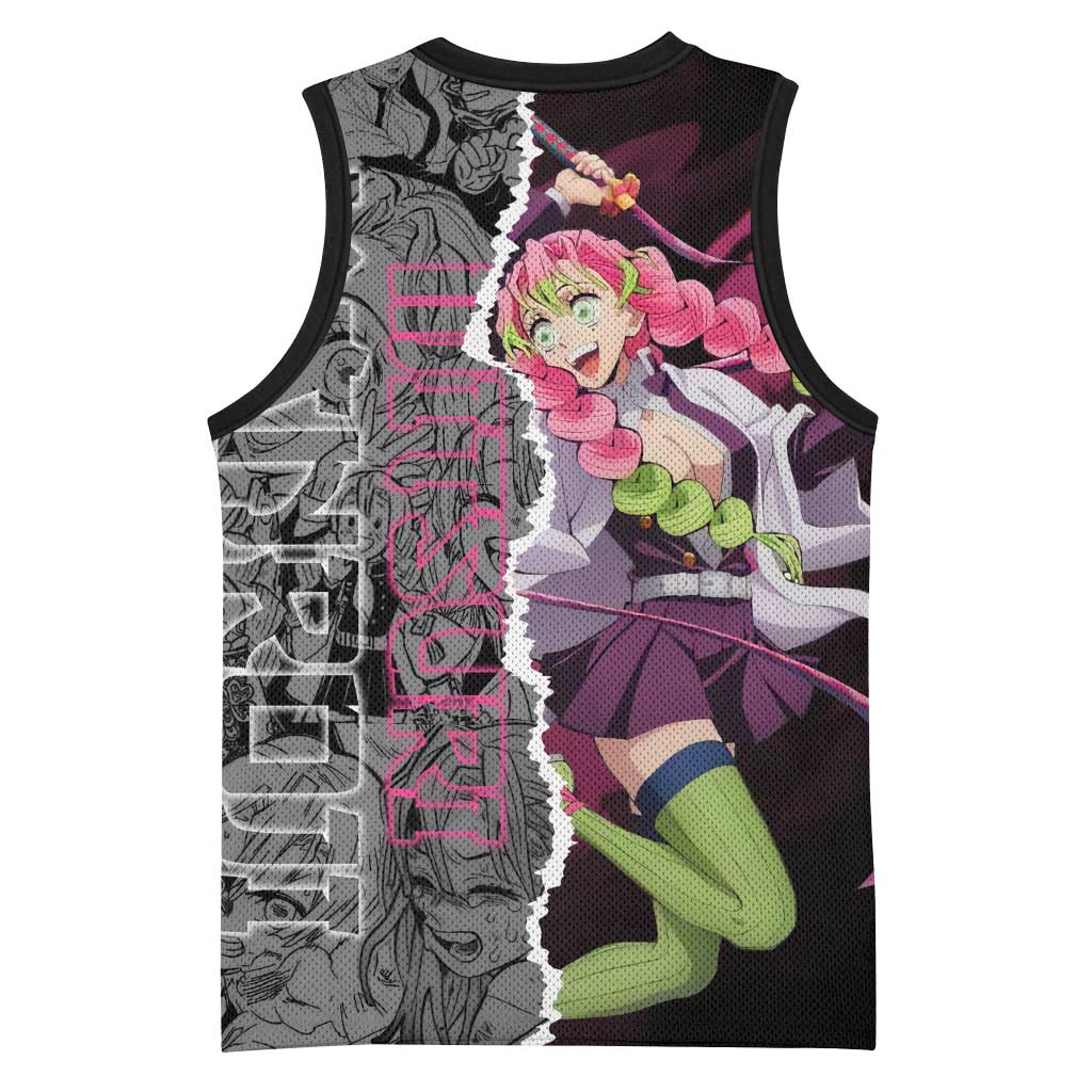Mitsuri Kanroji Demon Slayer Pink and Black Design Basketball Jersey with Manga Panels and Love Hashira Theme - The Mazicc