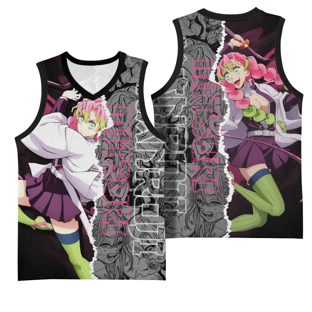 Mitsuri Kanroji Demon Slayer Pink and Black Design Basketball Jersey with Manga Panels and Love Hashira Theme - The Mazicc