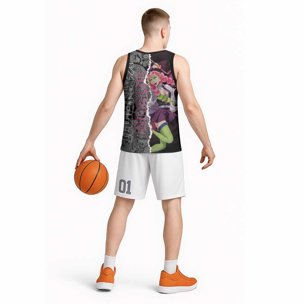 Mitsuri Kanroji Demon Slayer Pink and Black Design Basketball Jersey with Manga Panels and Love Hashira Theme - The Mazicc