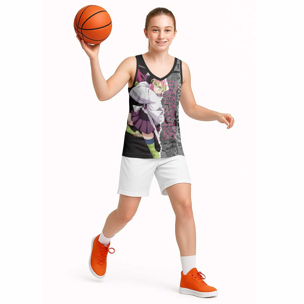 Mitsuri Kanroji Demon Slayer Pink and Black Design Basketball Jersey with Manga Panels and Love Hashira Theme - The Mazicc