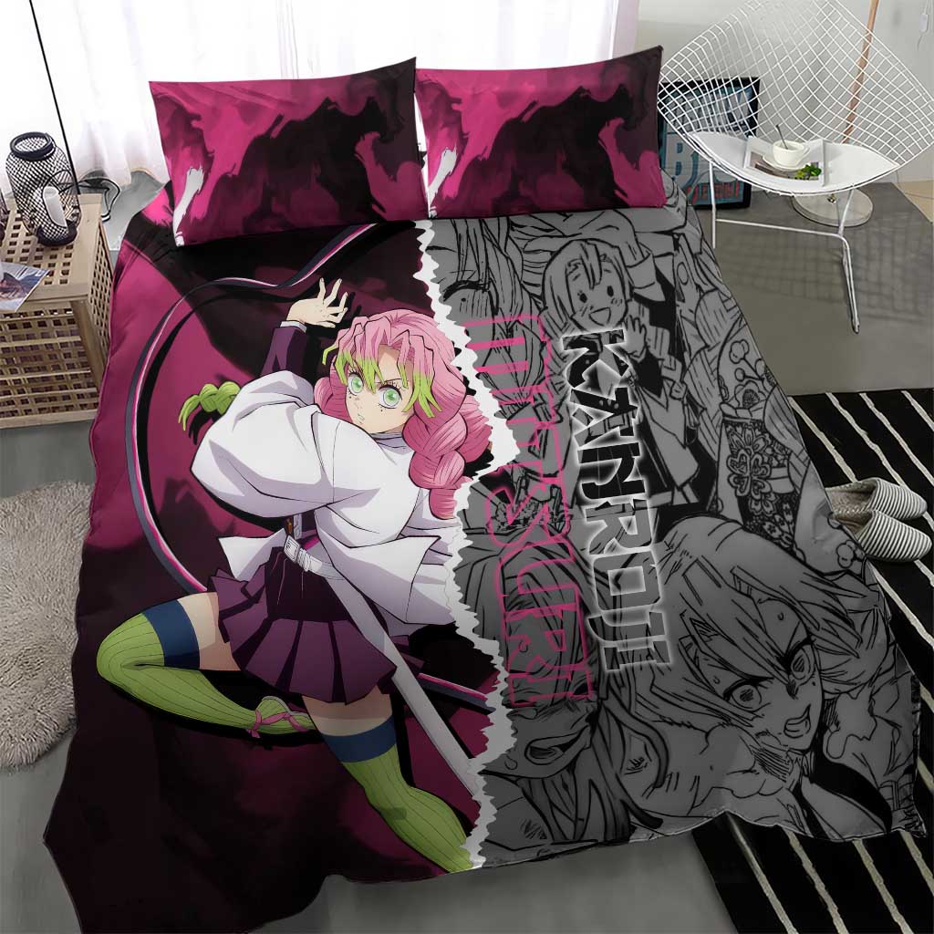 Mitsuri Kanroji Demon Slayer Pink and Black Design Bedding Set with Manga Panels and Love Hashira Theme - The Mazicc