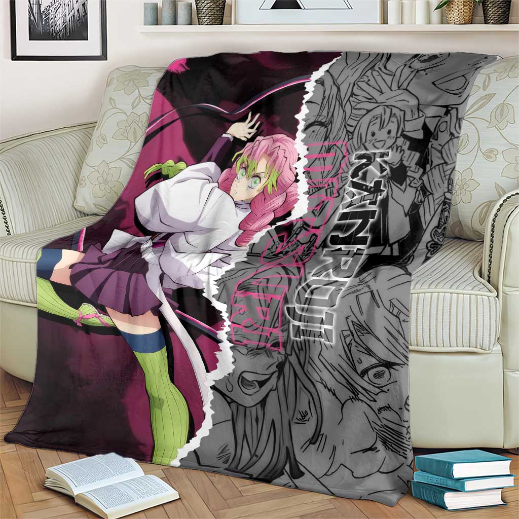 Mitsuri Kanroji Demon Slayer Pink and Black Design Blanket with Manga Panels and Love Hashira Theme - The Mazicc