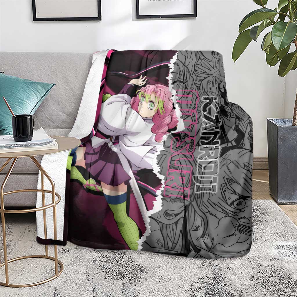 Mitsuri Kanroji Demon Slayer Pink and Black Design Blanket with Manga Panels and Love Hashira Theme - The Mazicc
