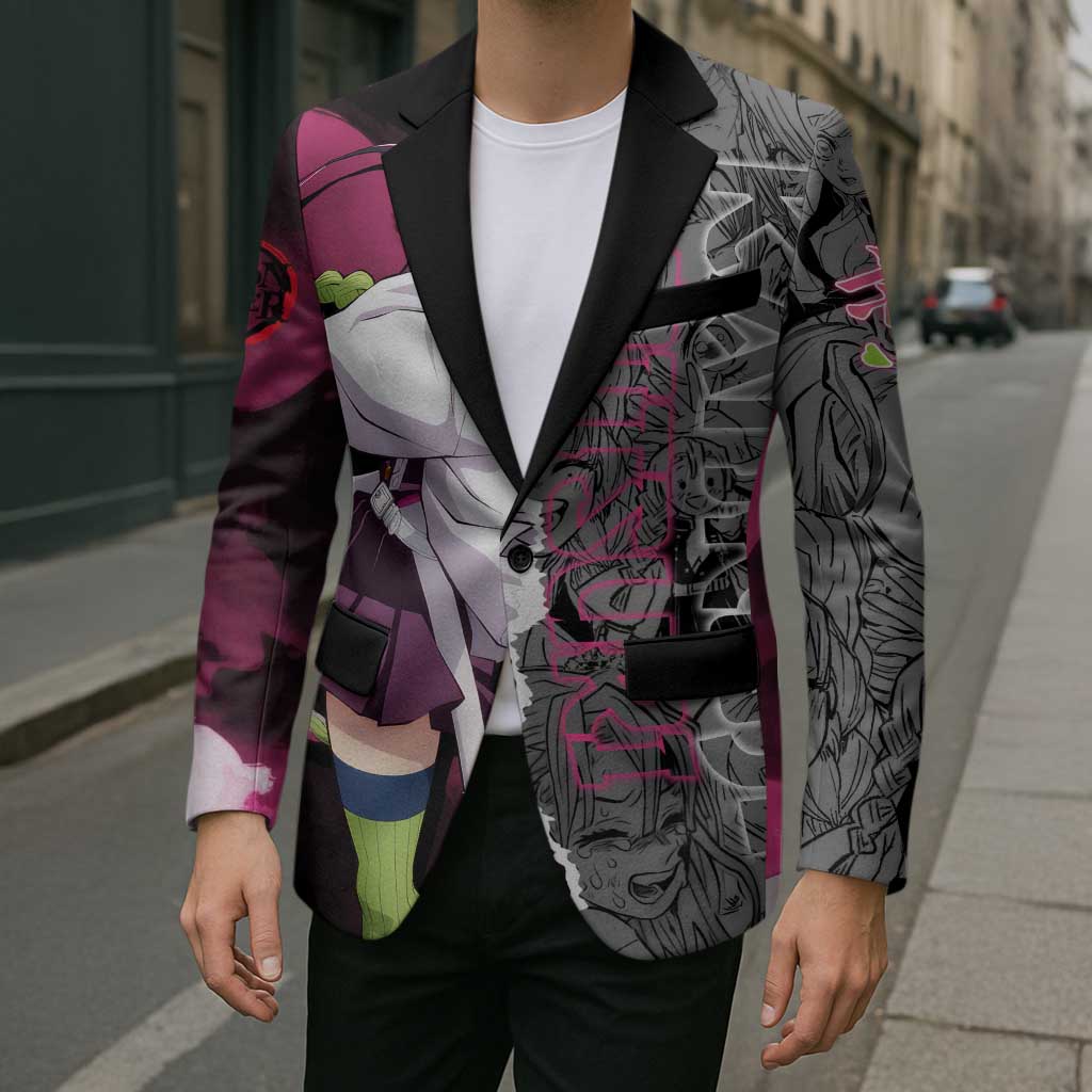 Mitsuri Kanroji Demon Slayer Pink and Black Design Blazer with Manga Panels and Love Hashira Theme - The Mazicc